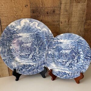 Vintage Alfred Meakin "The Mill" Blue & White Transferware Plate Set
